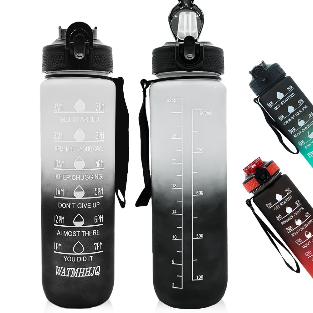 32oz Sports Water Bottle Outdoor, with Drinking Time and Capacity Labels, Sport Water Cups with Straw,BPA Free Leak Proof,for Fitness Gym Running Climbing (Black red)