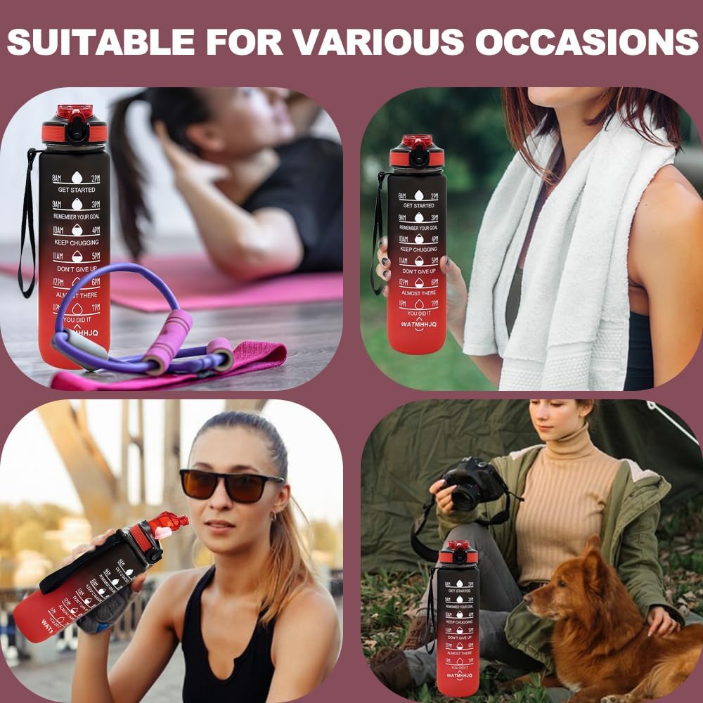 32oz Sports Water Bottle Outdoor, with Drinking Time and Capacity Labels, Sport Water Cups with Straw,BPA Free Leak Proof,for Fitness Gym Running Climbing (Black red)
