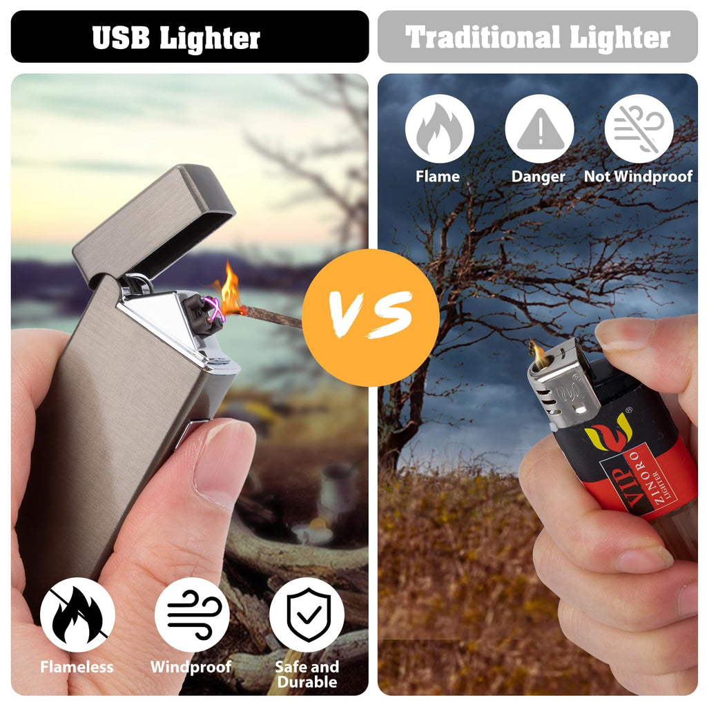 LcFun Fathers Day Dad Gifts, Electric Lighter USB Rechargeable Windproof Flameless Plasma Dual Arc Lighter Small Metal Pocket Lighters for Camping, Birthday Gifts for Men Husband (Nickel Brushed)
